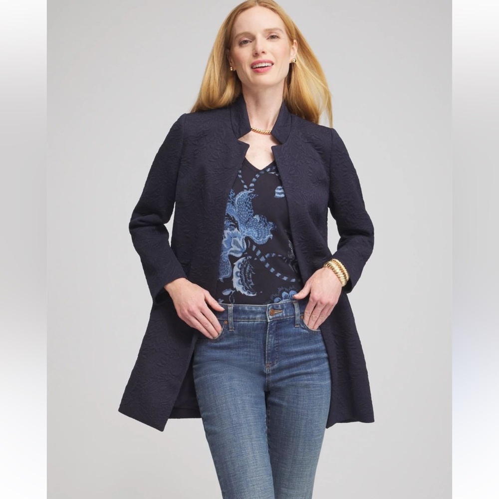 Chico's Navy Textured Long Blazer Jacket - Picture 4 of 7